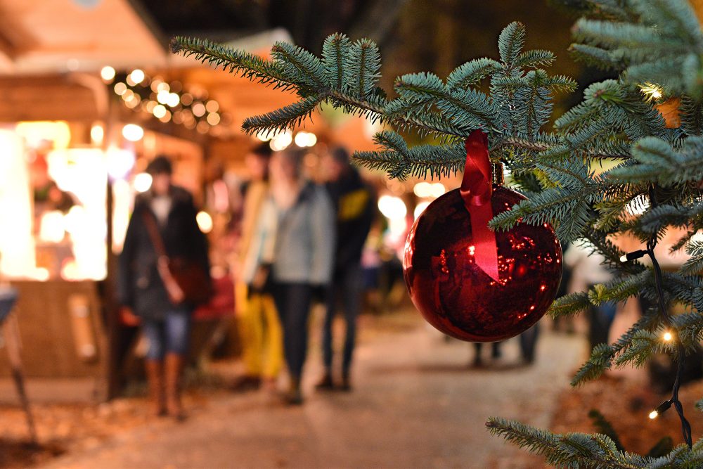 Rote Christbaumkugel an Tannenbaum auf Weihnachtsmarkt