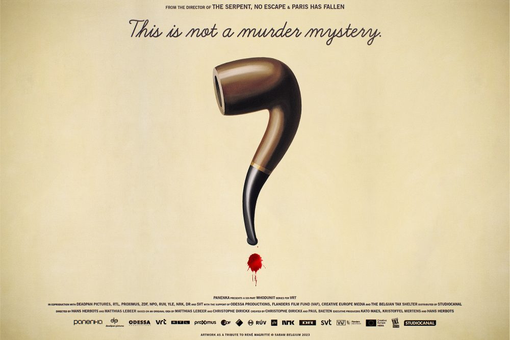 Plakat von "This is not a murder mystery" mit der berühmten Pfeife von Magritte als Fragezeichen