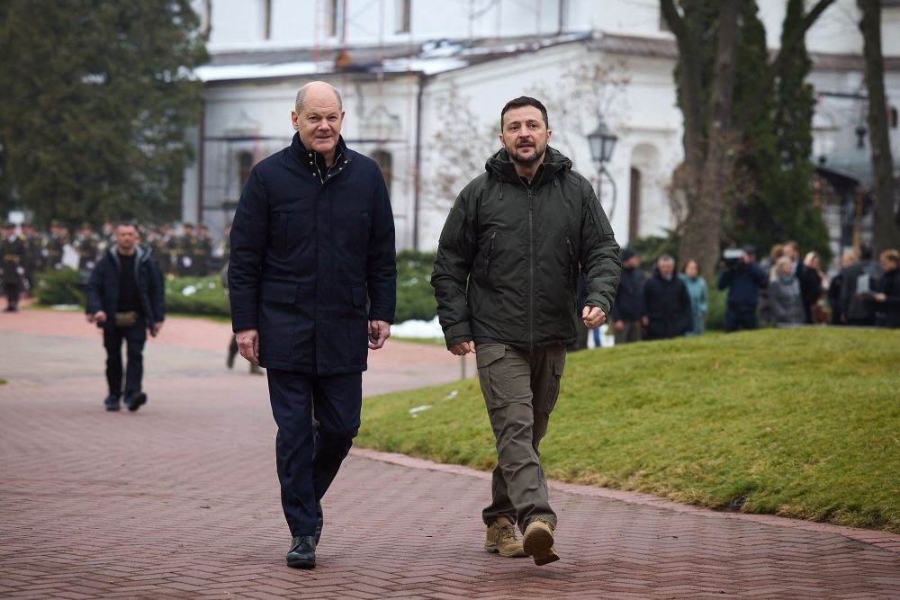 Bundeskanzler Scholz und der ukrainische Präsident Selenskyj am Montag in Kiew