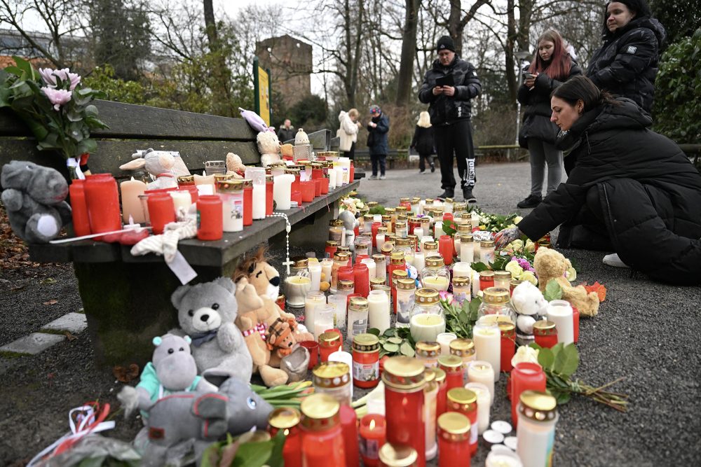 Blumen, Kerzen und Stofftiere in dem Park in Aschaffenburg