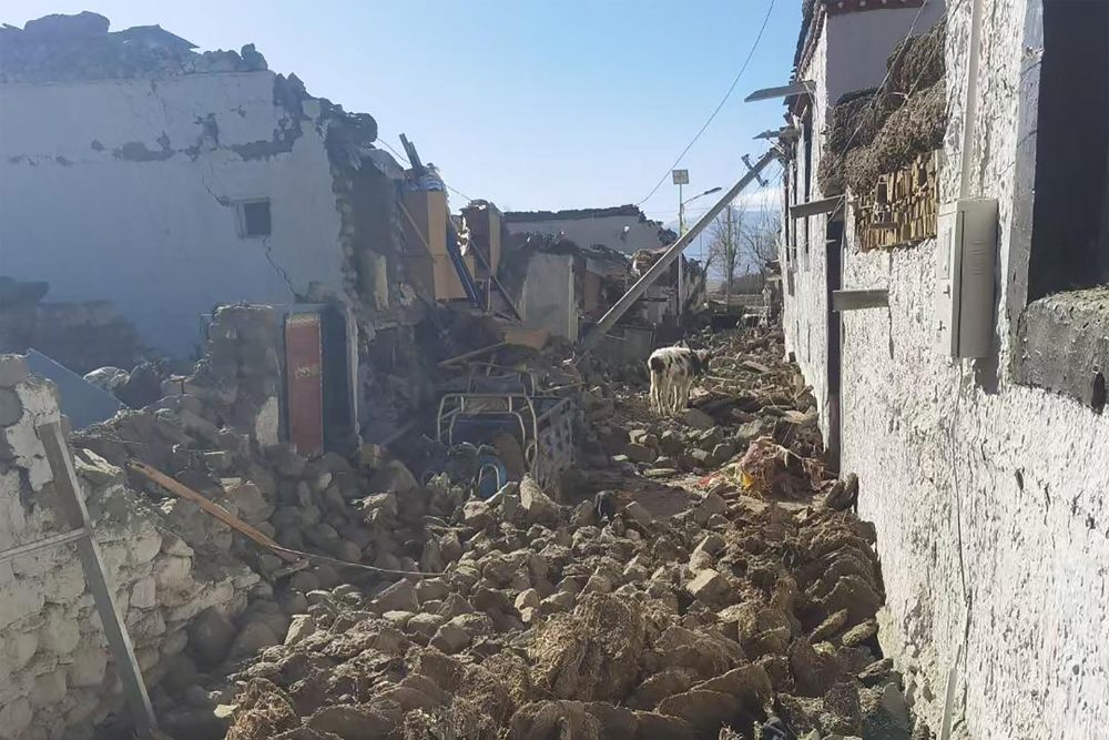 Beschädigte Häuser in Shigatse, im von Tibet, nach dem Erdbeben in der Region