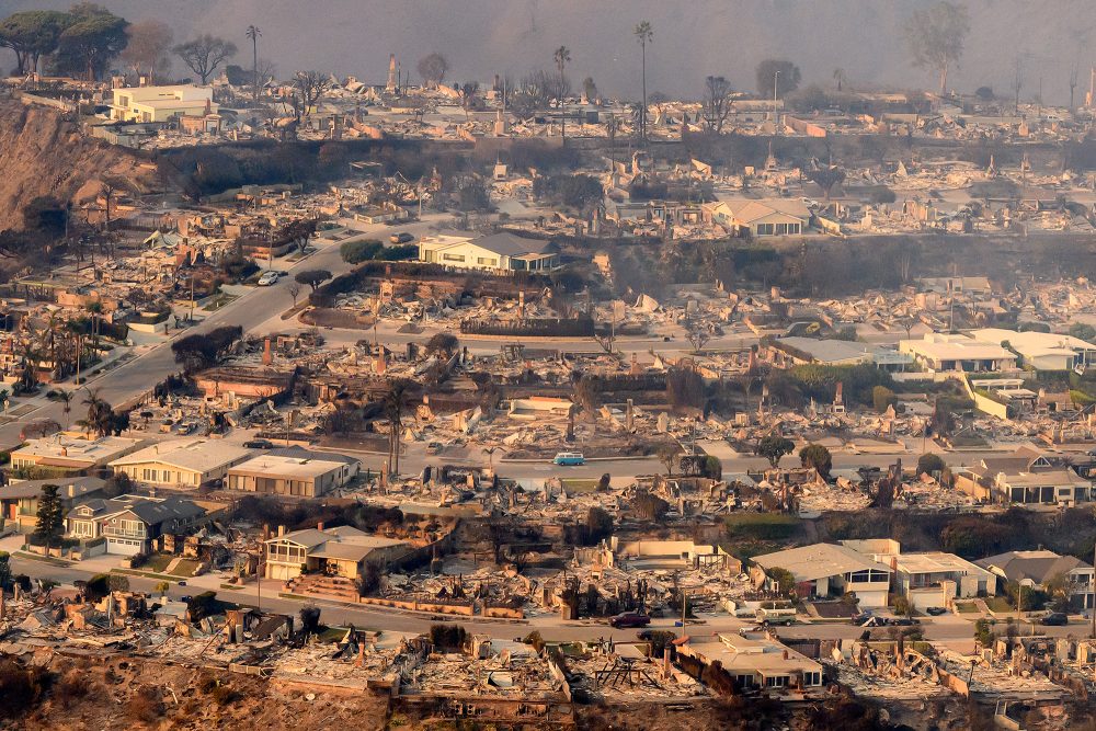 Ein Luftbild zeigt verbrannte Häuser in der Nähe des Stadtviertels Pacific Palisades in Los Angeles