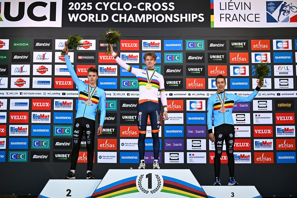 Podium der U23-Herren bei der Radcross-WM in Frankreich: Kay De Bruyckere, Tibor Del Grosso und Jente Michels