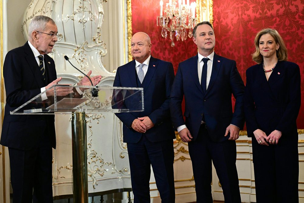 Bundespräsident Alexander Van der Bellen, Kanzler Christian Stocker, Vizekanzler Andreas Babler und Außenministerin Beate Meinl-Reisinger