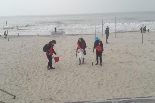 Freiwillige sammeln am Strand von Bredene Müll ein