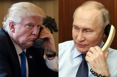 US-Präsident Trump und Russlands Präsident Putin jeweils mit Telefonhörer in der Hand