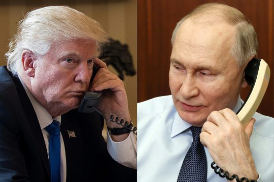 US-Präsident Trump und Russlands Präsident Putin jeweils mit Telefonhörer in der Hand