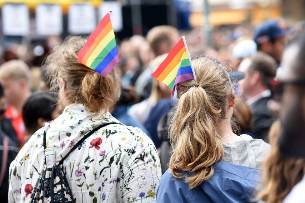 Demonstrationsteilnehmer mit Regenbogen-Flagge im Haar