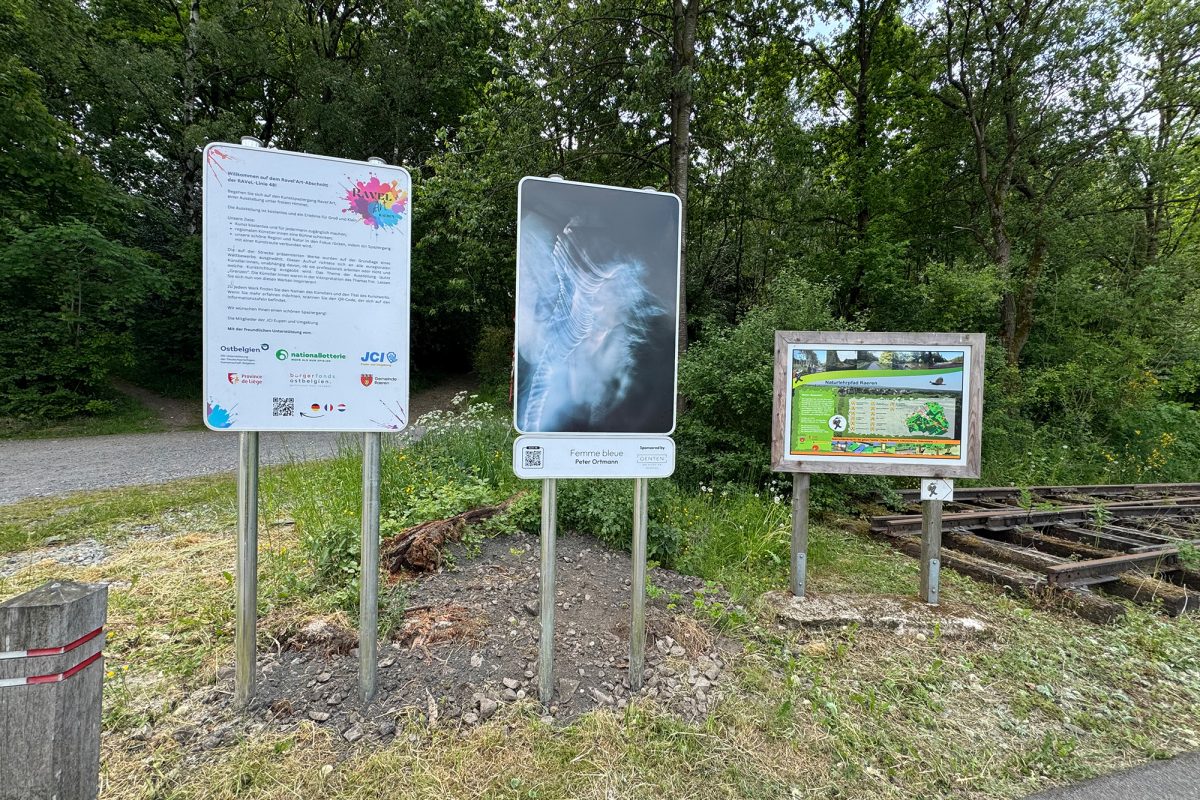 Informationstafel und zwei Kunstinstallationen am Wegesrand