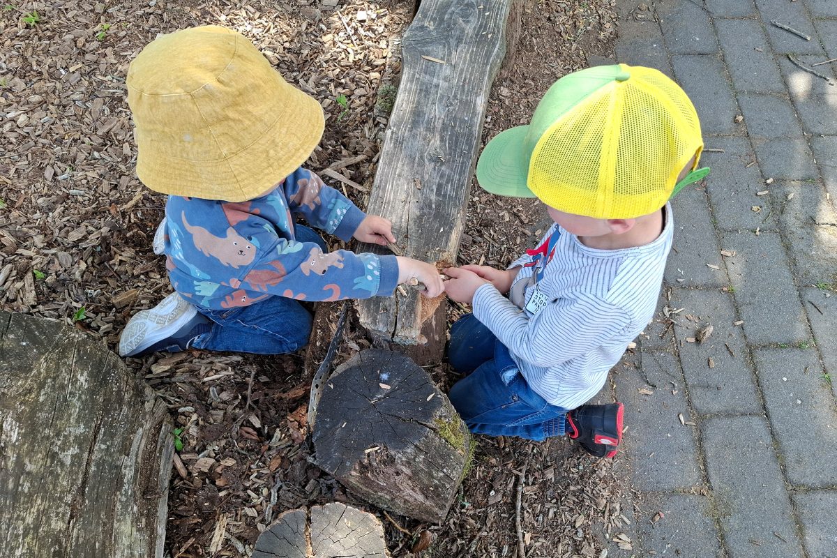 Kinder spielen draußen mit Ästchen
