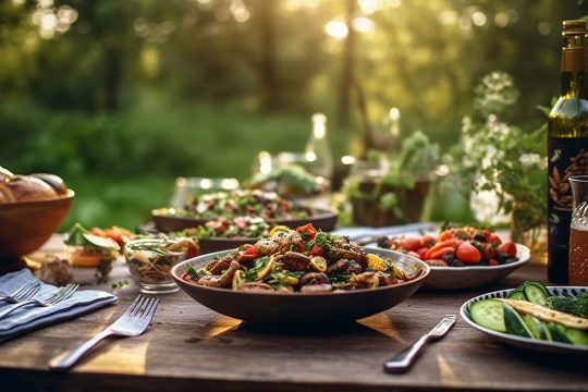 Verschiedene Gerichte bei einem Sommerfest auf dem Gartentisch