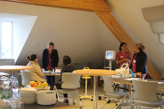 Hebammen bei der Informationsveranstaltung, teilweise im Gespräch mit Besucherinnen