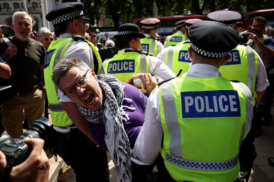 Ein Demonstrant wird von Polizisten weggetragen