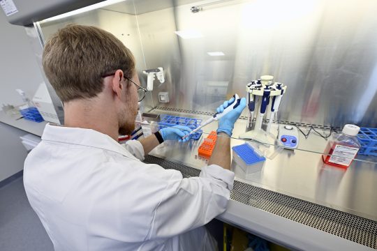 Ein Wissenschaftler führt Versuche unter einer Abzugshaube durch