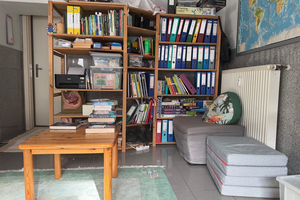 Zwei hohe Bücherregale mit vielen Aktenordnern, Büchern und weiteren Unterrichtsmaterialien