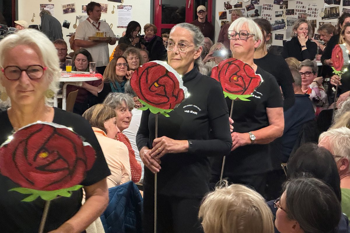 Die Improvisationstheatergruppe "Grenzsprenger" kommt für eine Performance mit gebastelten Rosenschildern in den Saal