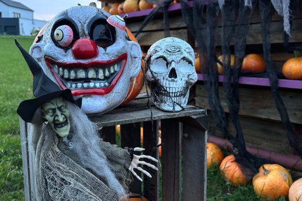 Halloween-Deko mit Masken und Totenköpfen