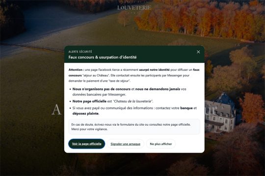Warnmeldung über den Betrug auf der offiziellen Webseite des Chateau de la Louveterie