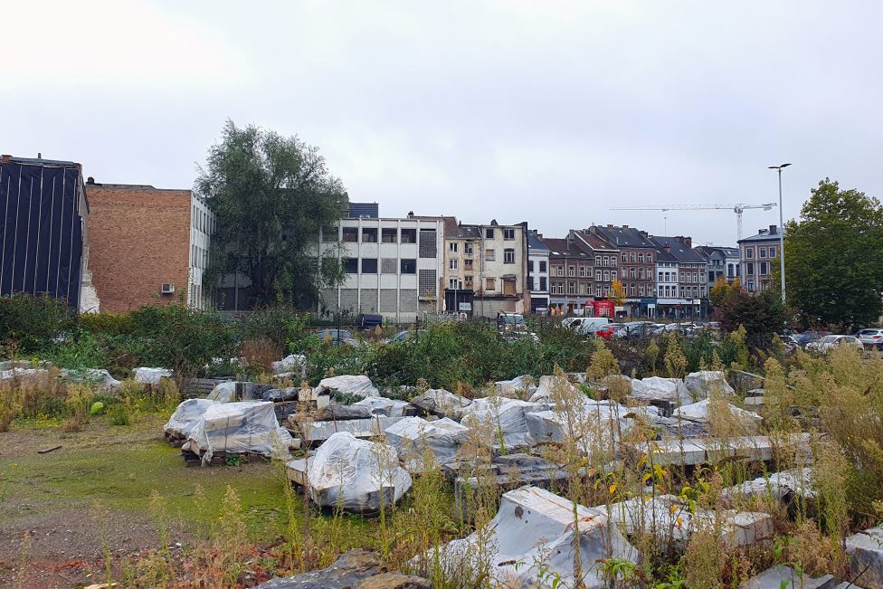 brach liegendes Grundstück mit Häusern im Hintergrund