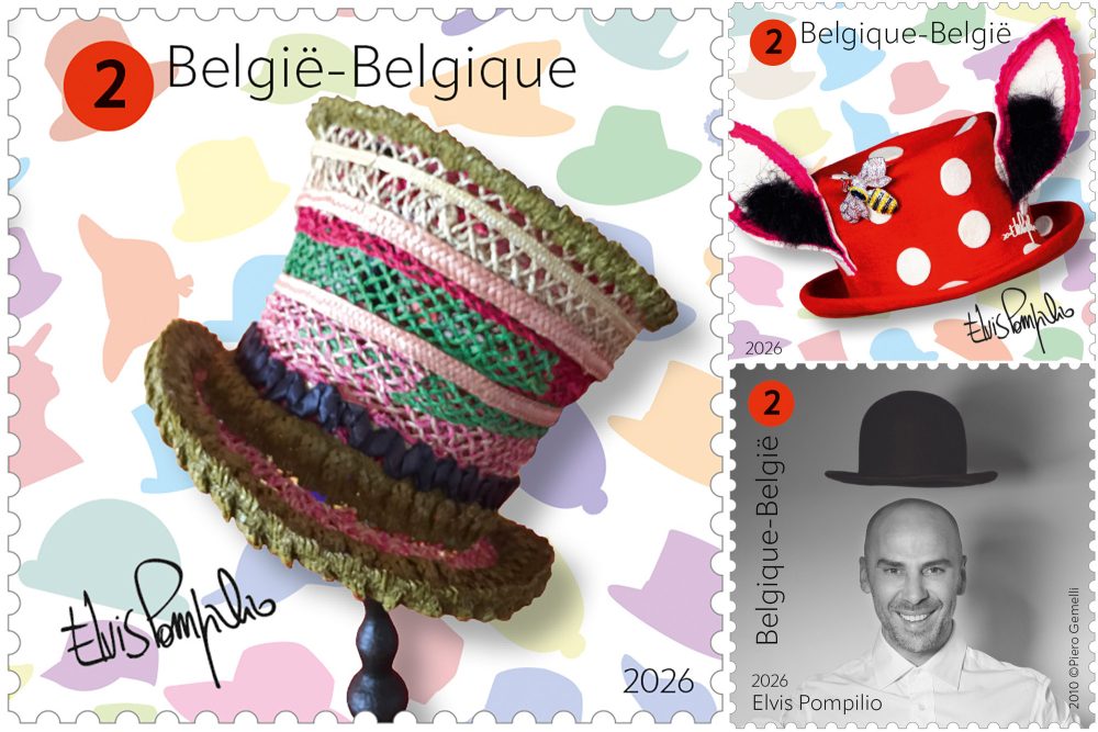 Drei Briefmarkenmotive, zwei zeigen extravagante Hüte und eines den Designer selbst