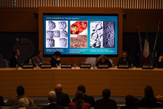 Pressekonferenz, im Hintergrund ein Bildschirm mit Fotos der gefunden Dinosaurier-Spuren