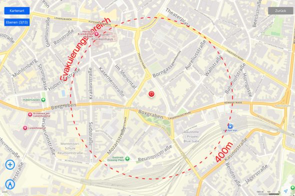 Der Bereich der Evakuierung um den Bombenfund auf einer Karte der Stadt Aachen