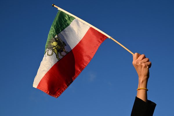 Hand hält prärevolutionäre Flagge des Iran hoch
