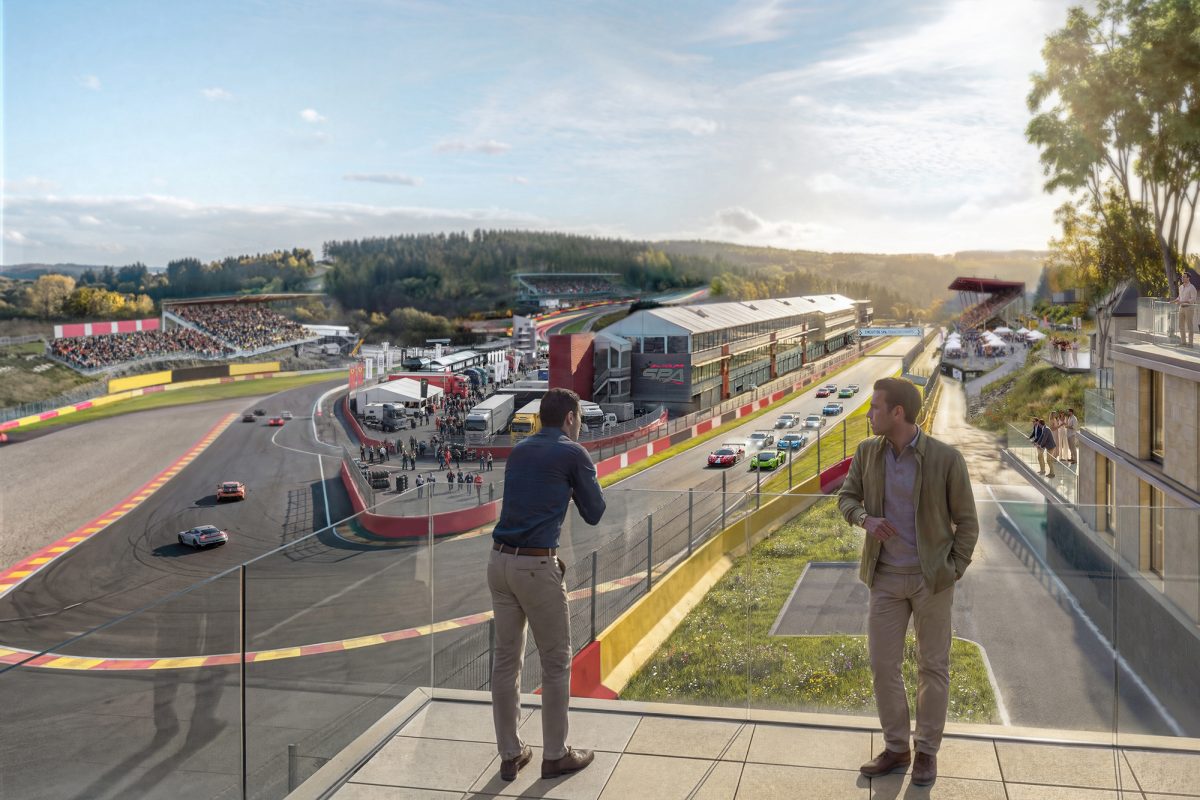 Blick von einer Dachterrasse eines Apartments aus auf die Rennstrecke in einer Visualisierung