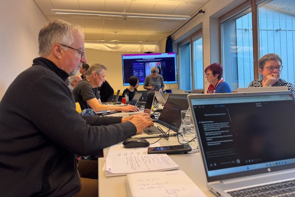 Mehrere Teilnehmer des Workshops sitzen an Tischen mit Laptops vor sich