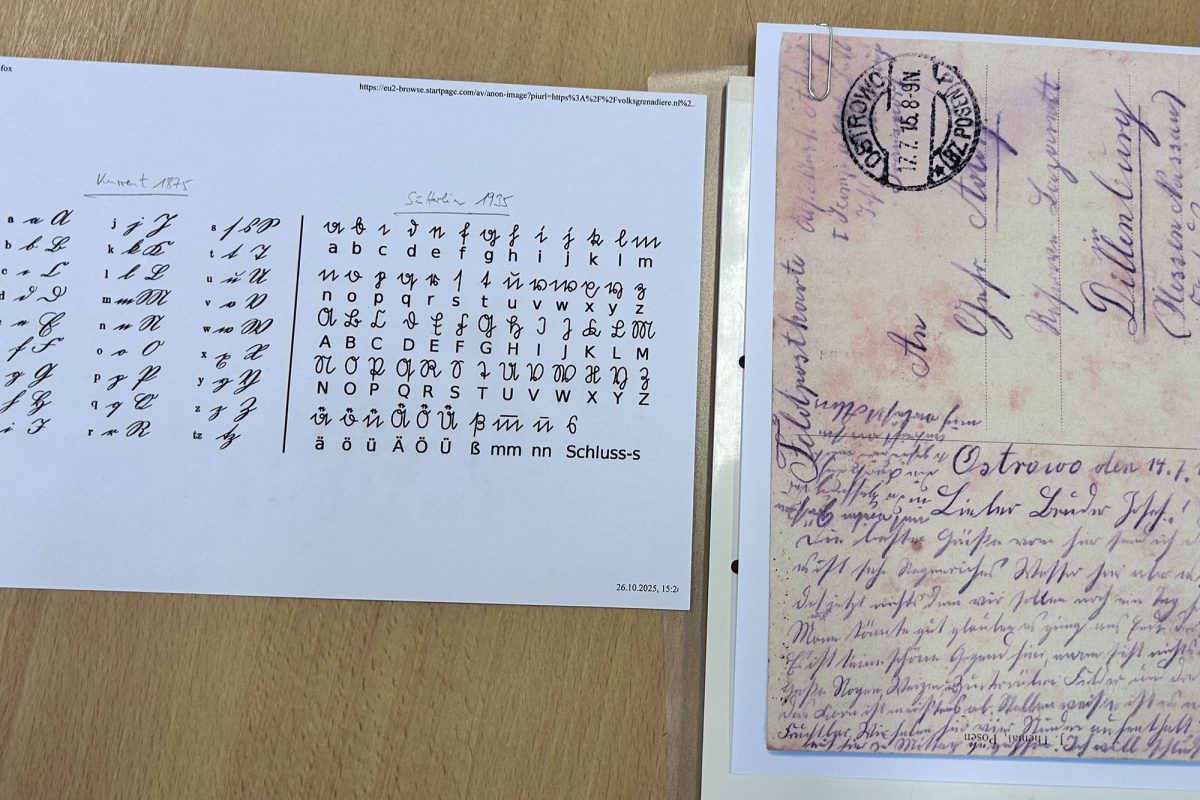 Auf dem Tisch liegt ein Ausdruck mit den einzelnen Buchstaben in Kurrent- und Sütterlin-Schrift, daneben die Kopie einer alten Postkarte, an der die Übersetzer arbeiten