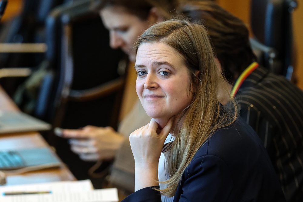 Anne-Catherine Dalcq sitzt im Sitzungssaal des Wallonischen Parlaments
