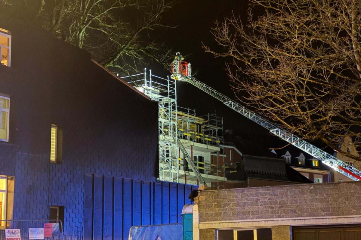 Auf einer ausgefahrenen Drehleiter steht ein Feuerwehrmann
