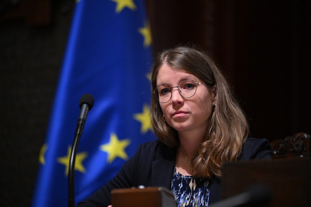 Liesa Scholzen im Senat - im Hintergrund eine EU-Flagge