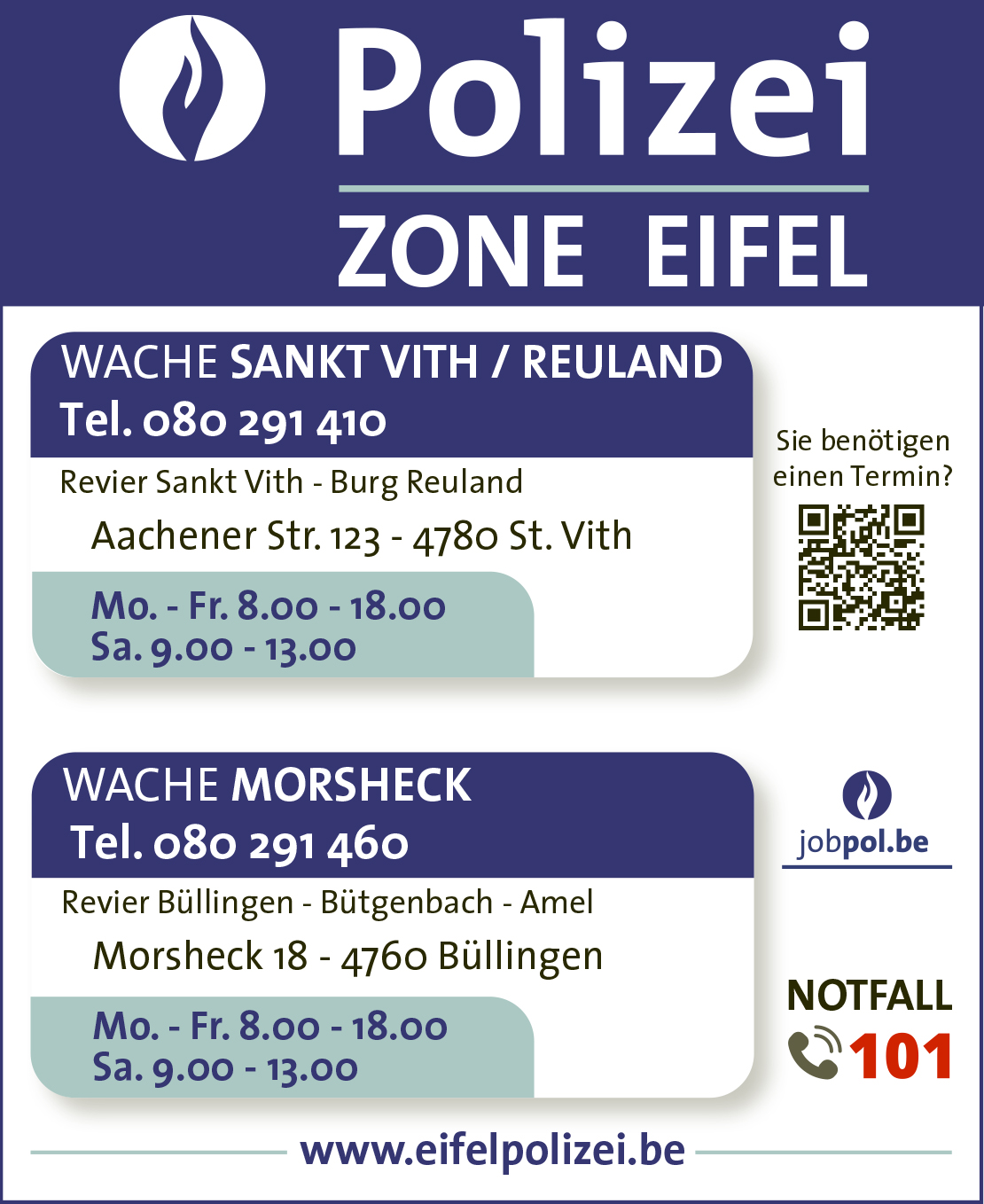 Öffnungszeiten und Kontaktdaten der Polizeiwachen von Morsheck und St. Vith