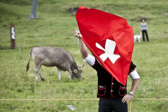 Mann in Tracht und mit Schweizer Flagge auf einer Wiese - im Hintergrund eine Kuh