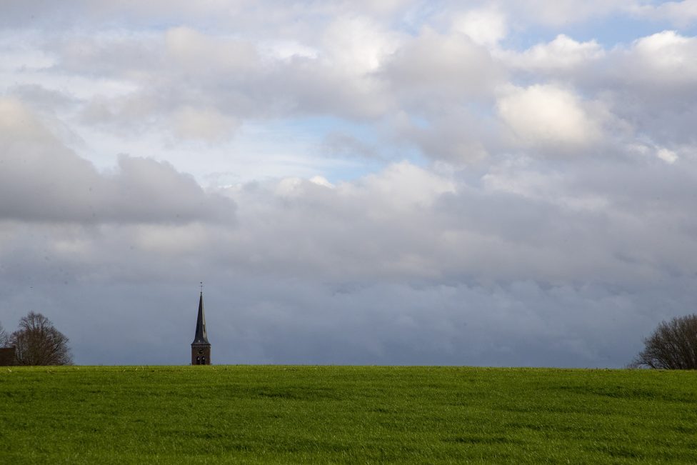 Wiese mit Kirchturm im Hintergrund