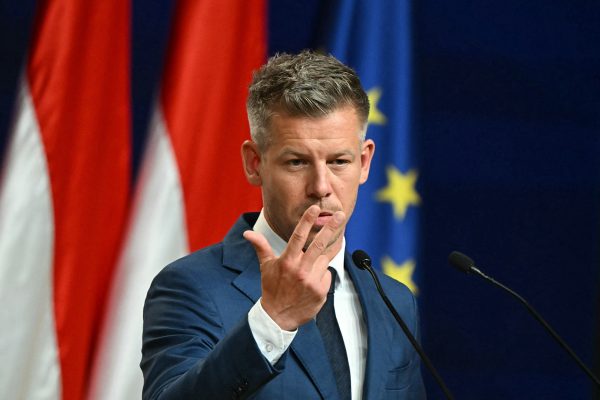 Péter Magyar hält eine Rede, im Hintergrund Flaggen Ungarns und der EU