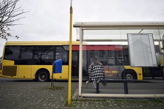 TEC-Bus an einer Haltestelle mit Wartehäuschen