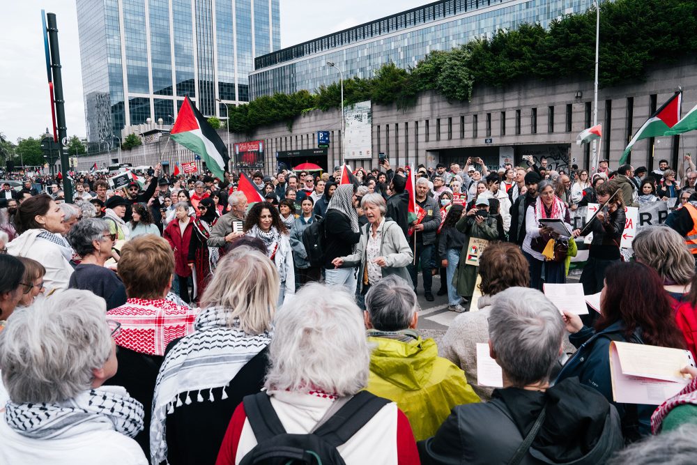 Demonstranten, von denen einige palästinensische Fahnen schwenken, in den Straßen Brüssels