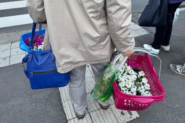 Kunde mit Blumen auf dem Eupener Freitagsmarkt