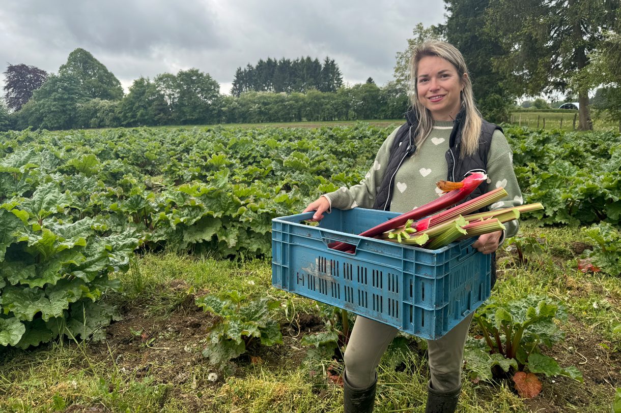 Yvonne Collette mit Rhabarber im Feld