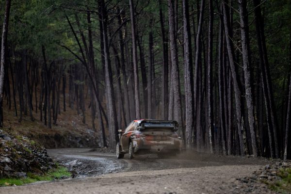 Der schmutzige Hyundai von Thierry Neuville auf einem schlammigen Waldweg von hinten