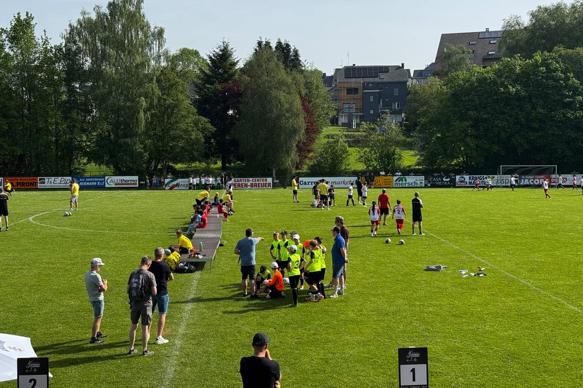 Blick auf das Spielfeld, auf dem viele Menschen in Gruppen zusammen stehen
