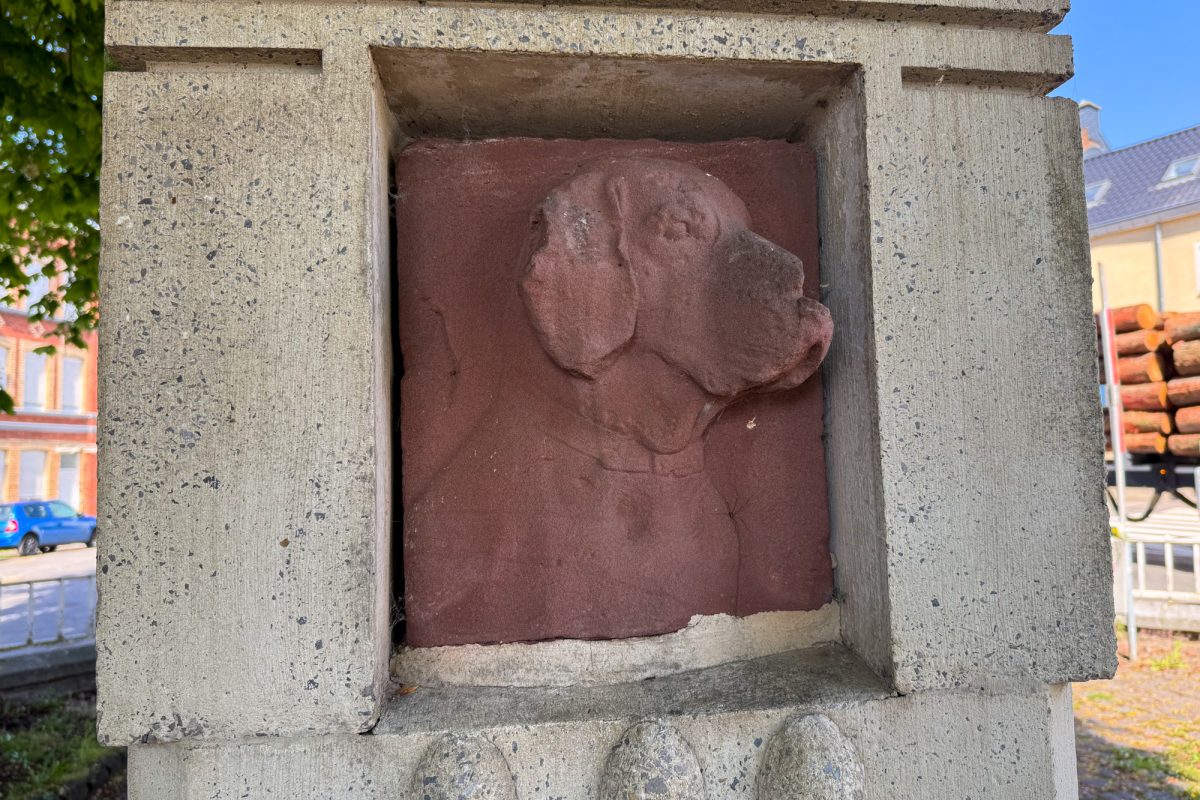Detailansicht der Pferdetränke in Eupen mit einer Hunde-Skulptur
