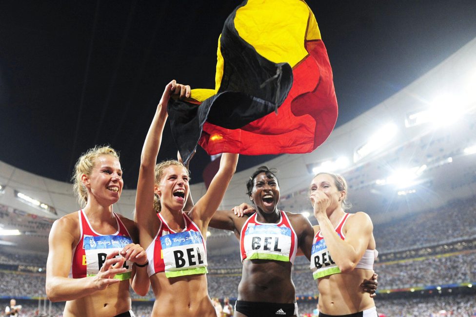 Hanna Mariën, Olivia Borlée, Elodie Ouédraogo und Kim Gevaert bei den Olympischen Spielen in Peking 2008