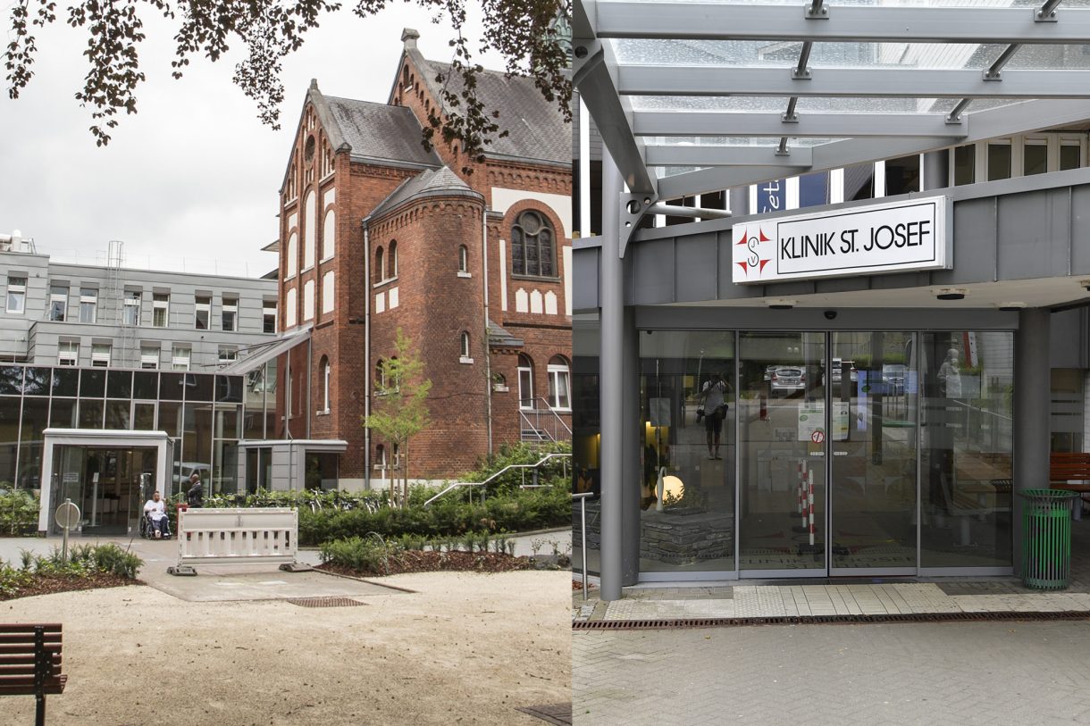 Fotomontage von den Eingangsbereichen des St.-Nikolaus-Hospital in Eupen und der Klinik St. Josef in St. Vith
