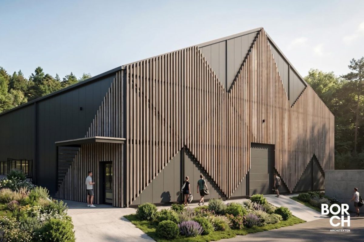 Das Bild zeigt eine Animation der geplanten Halle, mit vielen Holzelementen an der Fassade