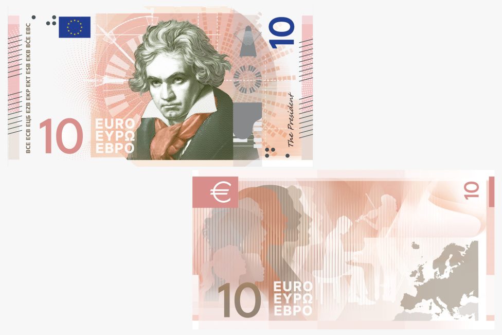 Entwurf einer neuen 10-Euro-Banknote mit dem Gesicht von Beethoven