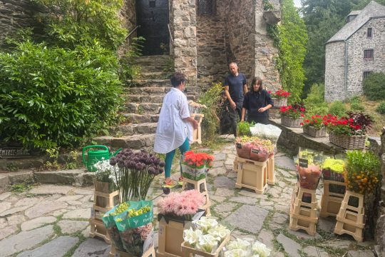Menschen zwischen Blumen beim Aufbau von "Castelflora"