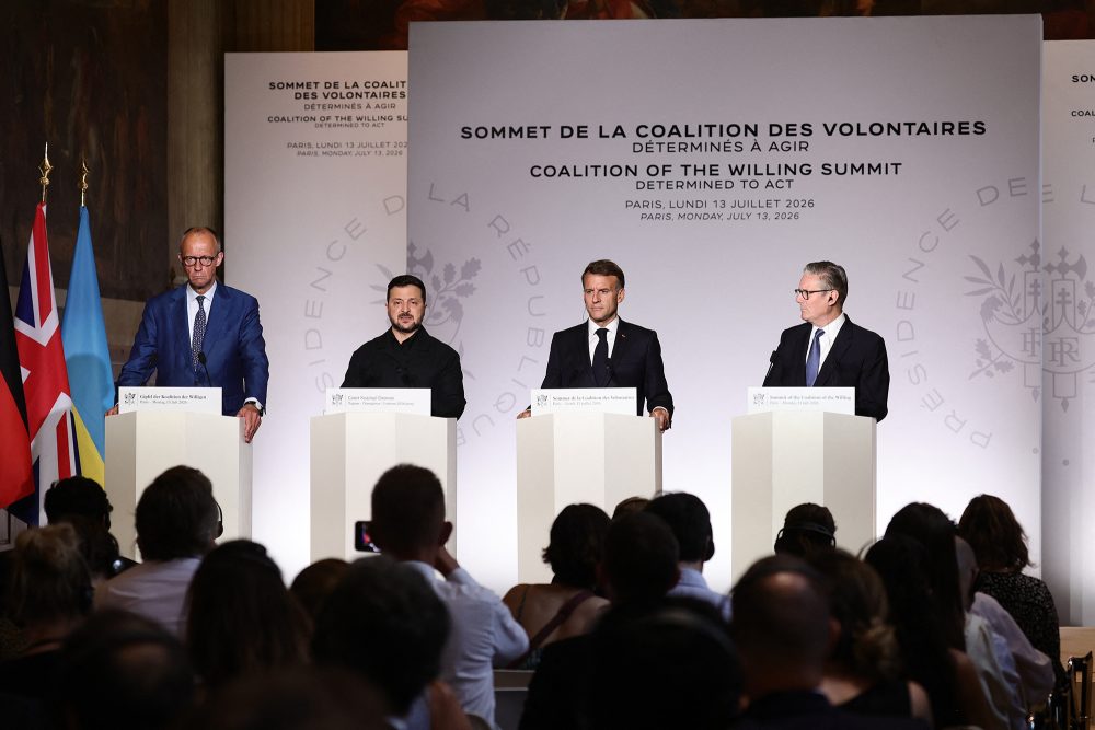 Der deutsche Bundeskanzler Friedrich Merz, der ukrainische Präsident Wolodymyr Selenskyj, der französische Präsident Emmanuel Macron und der britische Premierminister Keir Starmer bei der gemeinsamen Pressekonferenz nach dem Gipfeltreffen